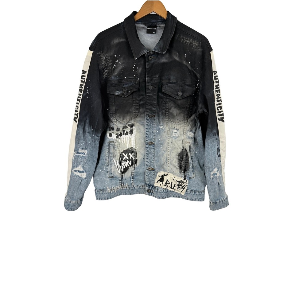 Smoke Rise Denim Jacket Mens 2XL Blue Black Ombre Distressed Paint Drip Graffiti